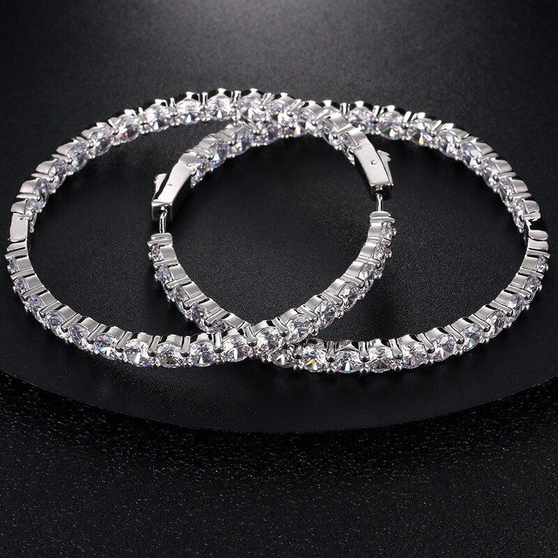Ladies Big Circle Hoop Fashion Girl Real CZ Stone Bling Earrings