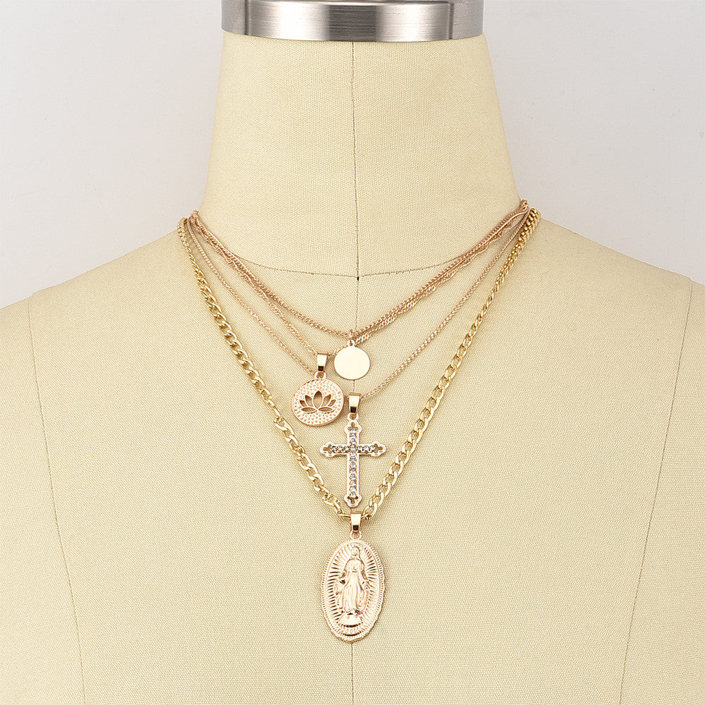 Womens Crystal Cross Lotus Virgin Mary Multilayer Gold Pendant Clavicle Chain Choker Necklace Set