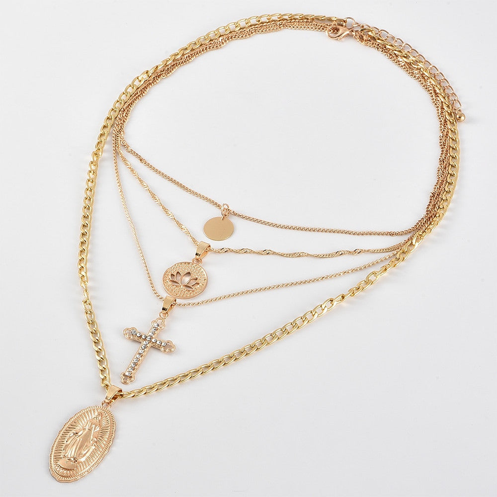 Womens Crystal Cross Lotus Virgin Mary Multilayer Gold Pendant Clavicle Chain Choker Necklace Set
