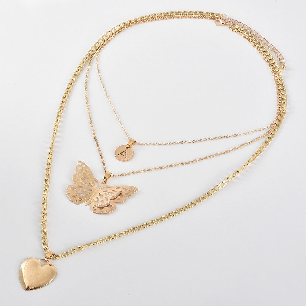 Ladies Butterfly Heart Gold Clavicle Personality Girl Chain Necklace