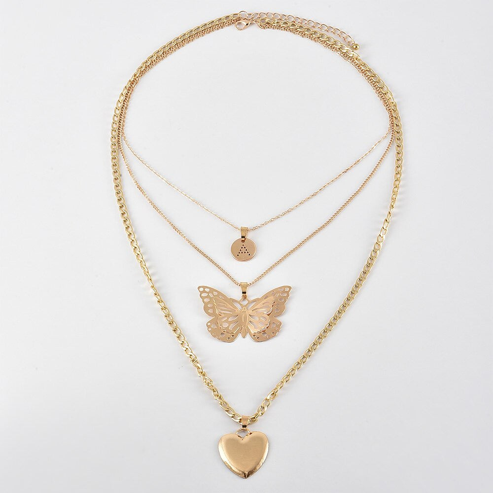 Ladies Butterfly Heart Gold Clavicle Personality Girl Chain Necklace