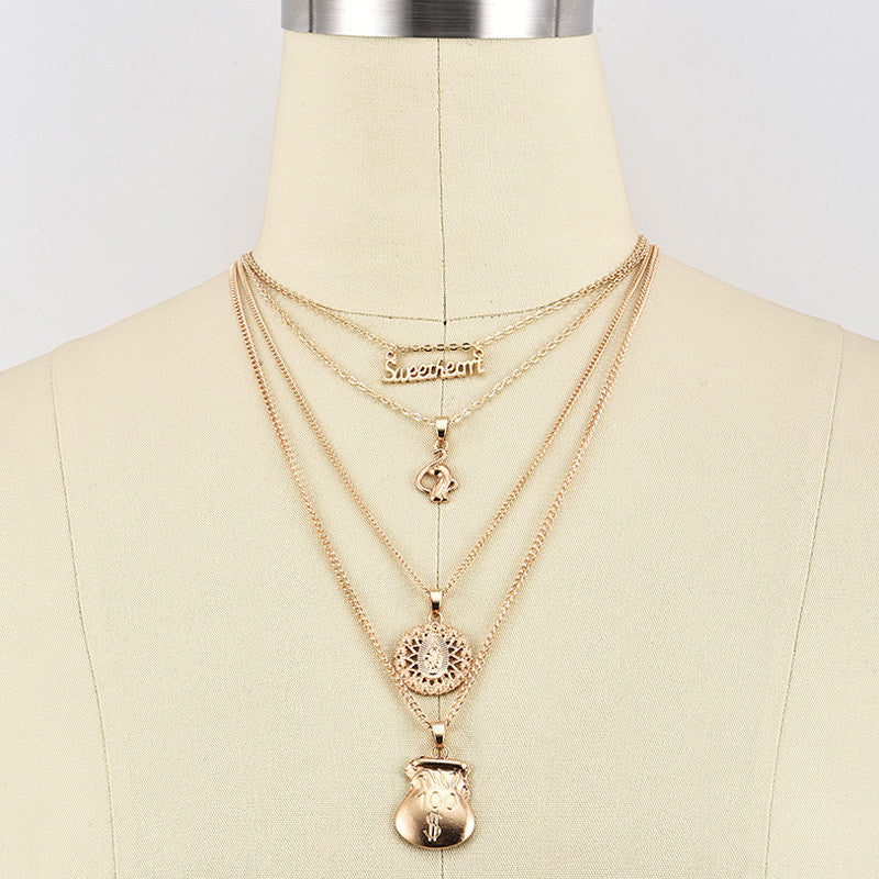 Womens Sweetheart Money Bag Spiritual Boho Pendant Multilayer Gold Necklace