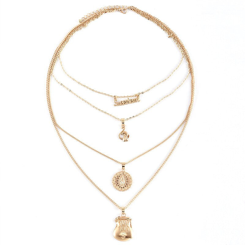 Womens Sweetheart Money Bag Spiritual Boho Pendant Multilayer Gold Necklace
