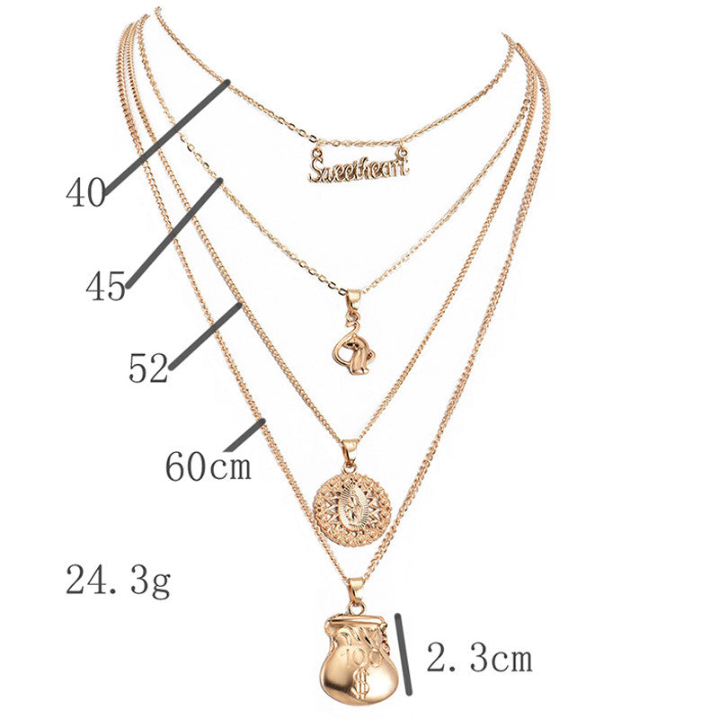 Womens Sweetheart Money Bag Spiritual Boho Pendant Multilayer Gold Necklace