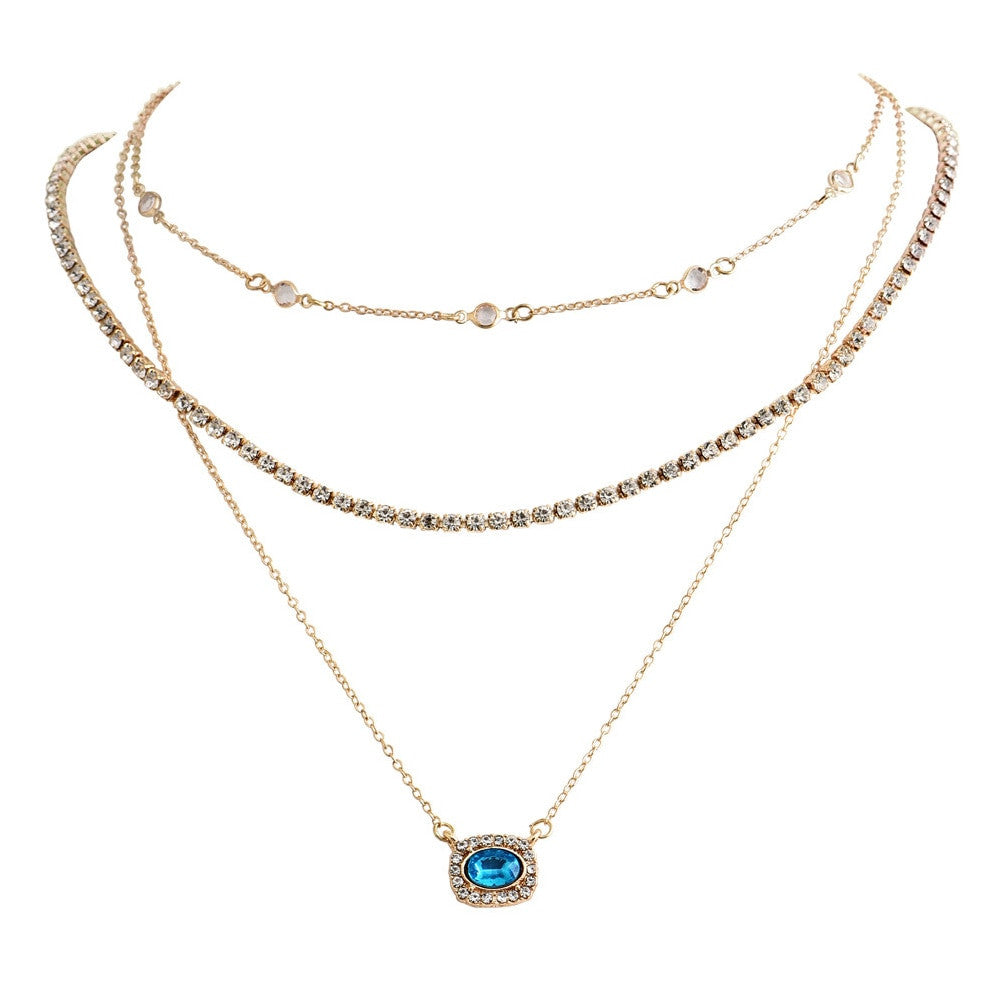 Ladies Blue CZ Crystal Round Bead Boho Clavicle Chain Pendant Necklace
