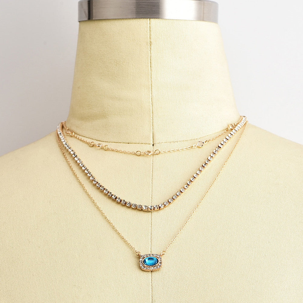 Ladies Blue CZ Crystal Round Bead Boho Clavicle Chain Pendant Necklace