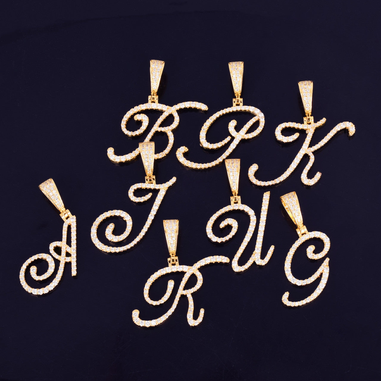18k Real Gold AAA Micro Pave Cursive Letter Initial Pendants