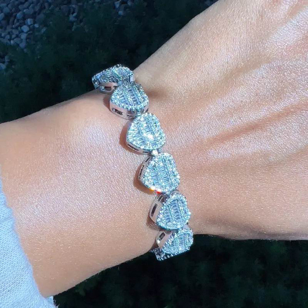 IceCold Heart | Ladies Crushed Ice Baguette 24k Silver Rose Gold Heart Tennis Bracelet