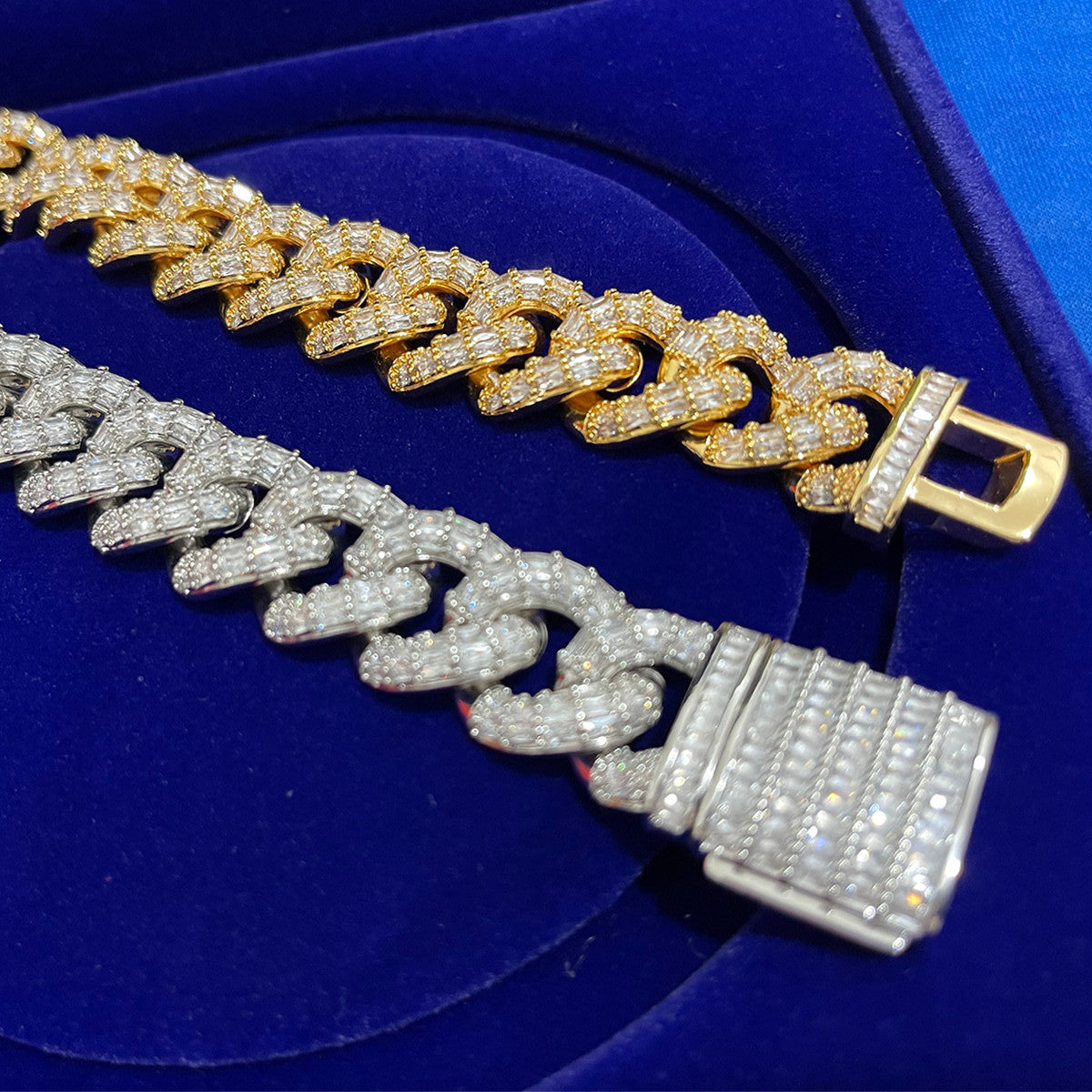 Mens 2k 925 Flooded Ice All Baguette Prong Setting Choker Style Cuban Link Bracelets
