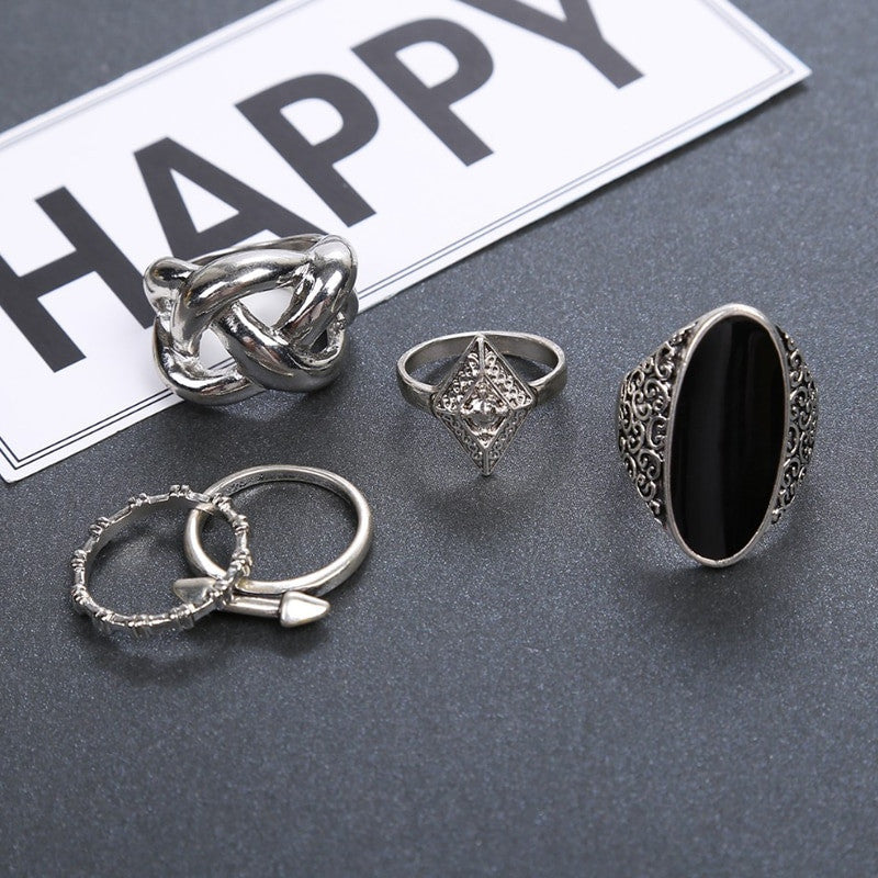 Womens 5pcs High Quality Bohemia Style Classic Crystal Patters Ring Set