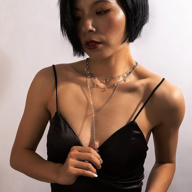 Ladies Star Multi Layered Crystal Tassel Chain Necklace