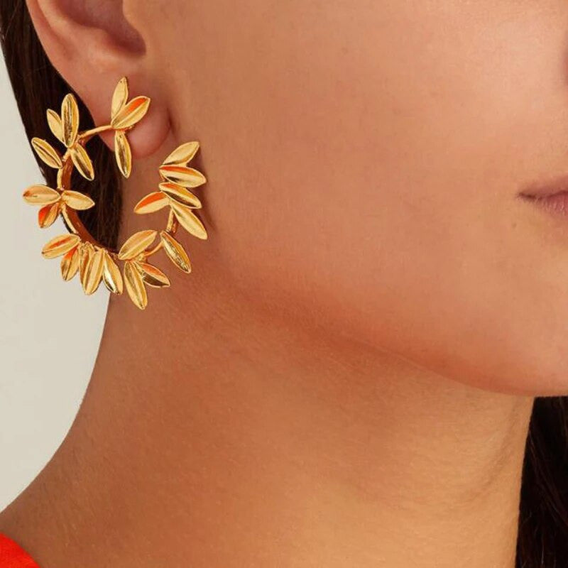 Ladies Gold Silver leaf Hoop Antique Vintage Look Bohemian Earrings