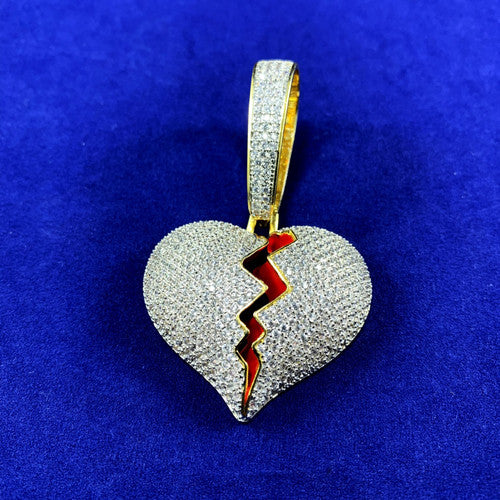 24k Gold GP Large Bail Flooded Ice Micro Pave Broken Heart Hip Hop Pendant