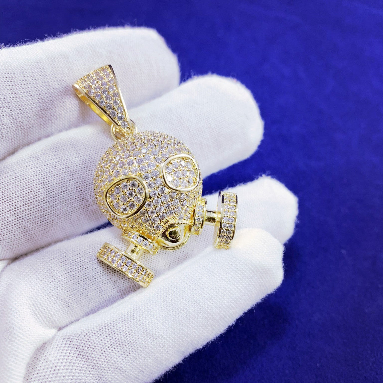 Mens Iced Blinged Out True Micro Pave Hip Hop Skull Gas Mask 18k Gold GP Pendant