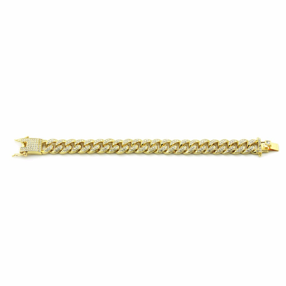 .925 Silver 14k Gold Full AAA Hand Set Pave Stone Miami Cuban Link Chain Bracelet