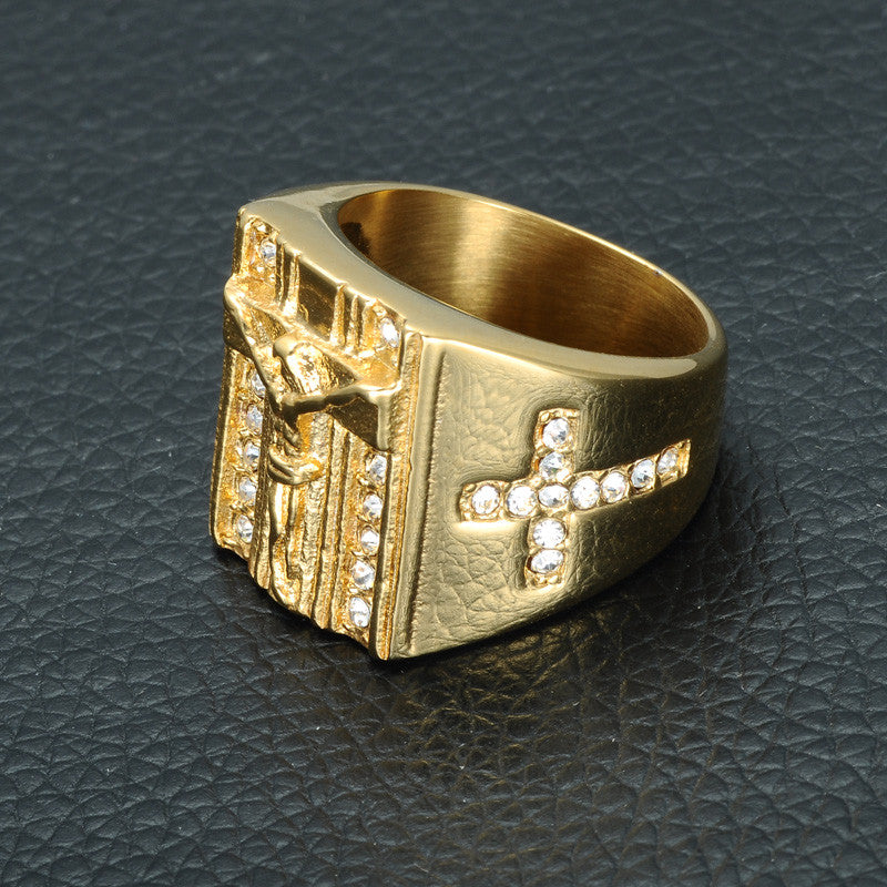 Mens Iced Out Gold Titanium Stainless Steel Crucifix Jesus Simulated Diamond Cross Ring