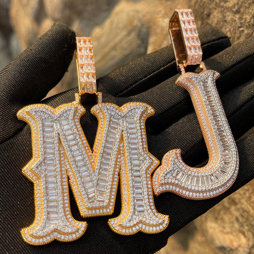 Alpha Baguette | Iced Blinged Out Initial Letter 4 Prong Set Hip Hop Pendants
