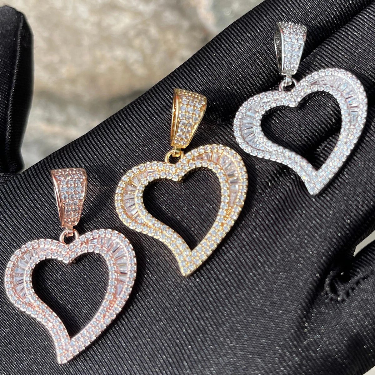 Ladies 24k Gold Silver Rose Baguette Open Heart Iced Blinged Out Necklace