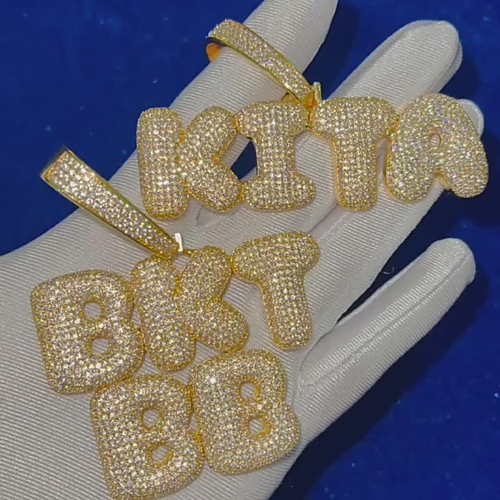 Mens True Pave 3A Flooded Ice Custom Name Bubble Letter Hip Hop Pendant Chain Necklace
