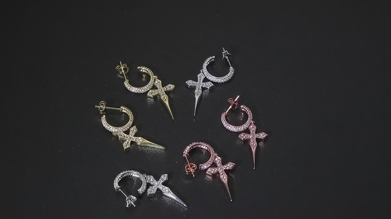 Solid 925 Sterling Silver 14k Gold Dagger Cross Huggie Hoop Hip Hop Style Bling Earrings