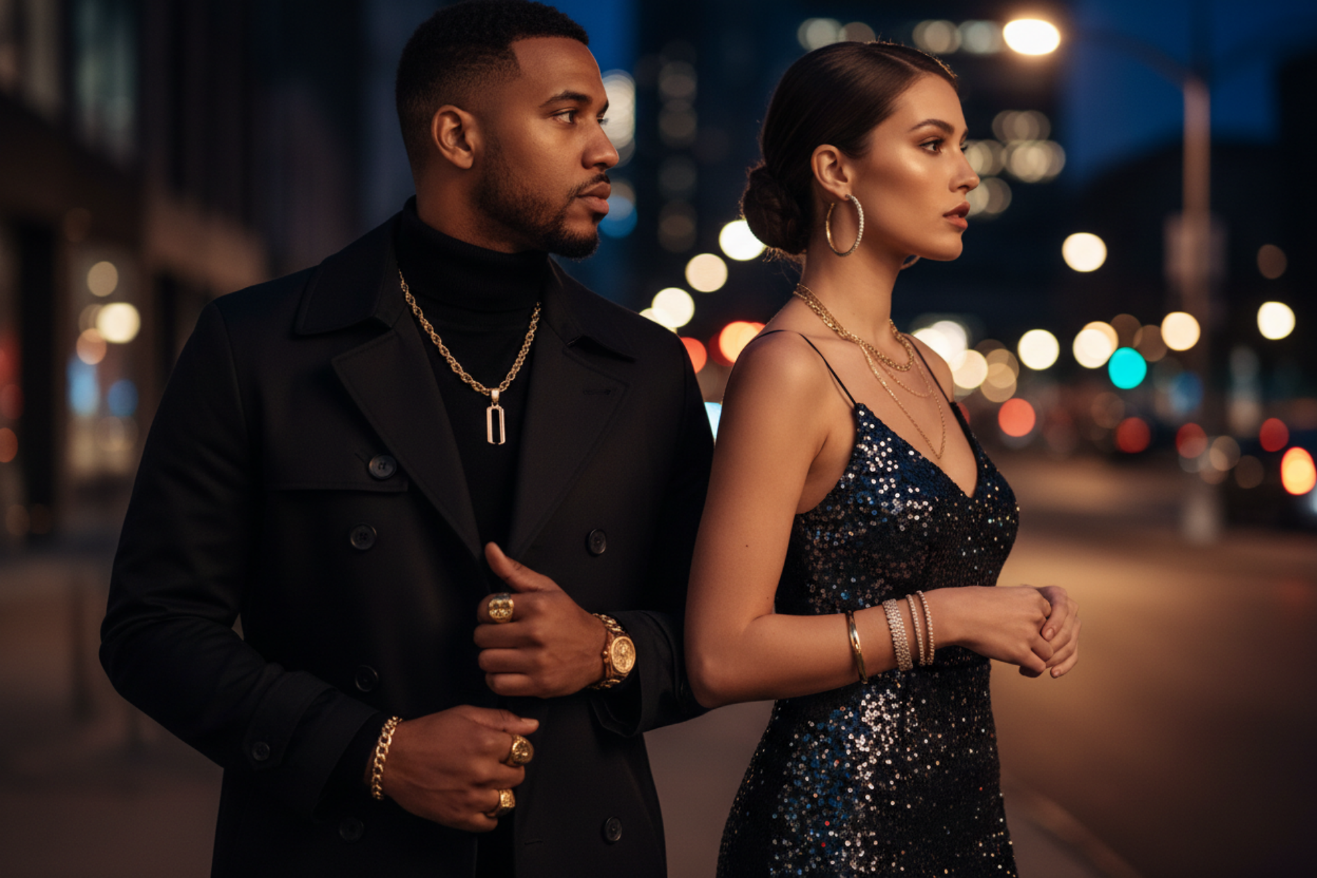 sexy swag couple man and side view of slim voluptuous woman wearing small amount of hip hop jewelry night city lights in background