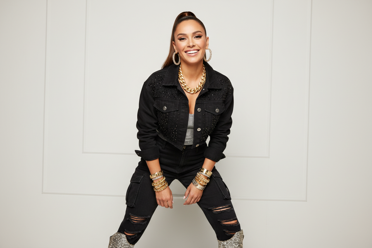 swag large breast happy woman wearing hip hop jewelry