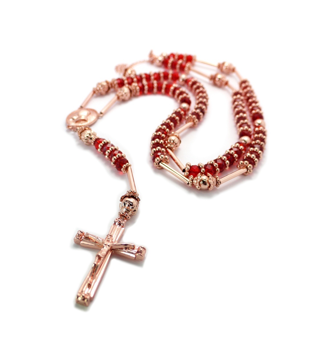 Rose Gold Red Disco Ball Prayer Hands Rosary Chain Pendant